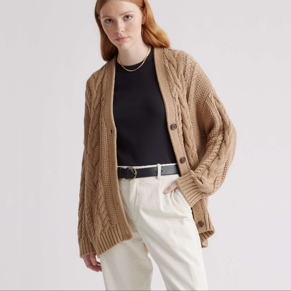 NWT Quince 100% Organic Cotton Oversized Cable Cardigan Size S Camel